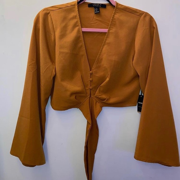 Mustard Long Sleeve Tied Crop Top - Picture 1 of 2